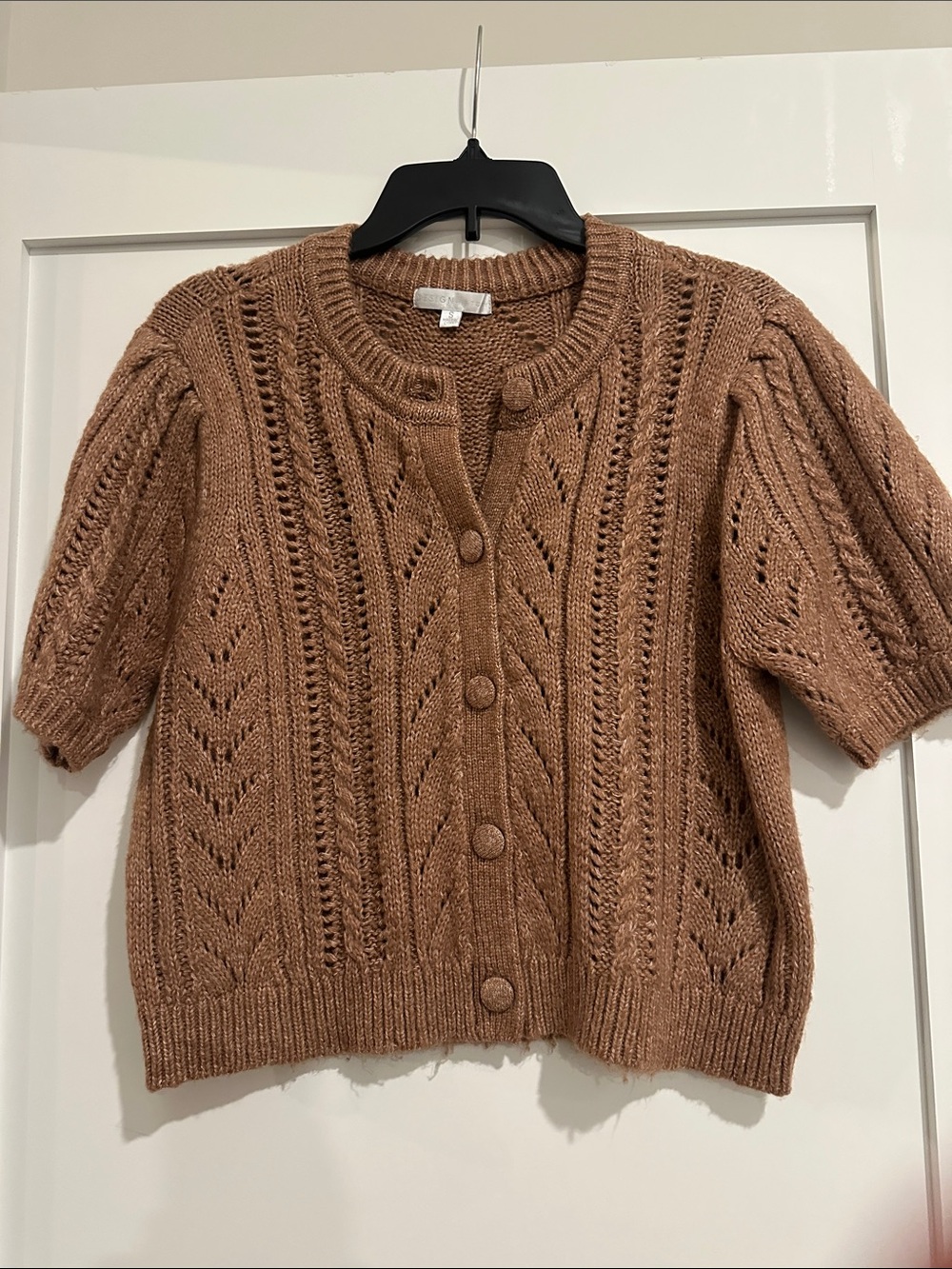Design History Short-Sleeve Button Front Cardigan in Camel Brown